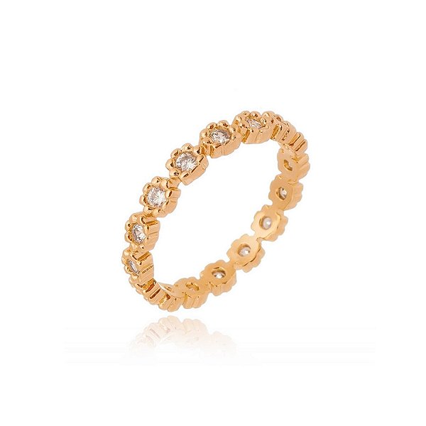 Anel flor com zircônias folheado a ouro 18k