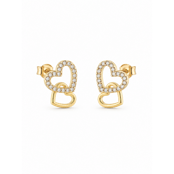 Brinco 2 corações com zircônias folheado a ouro 18k
