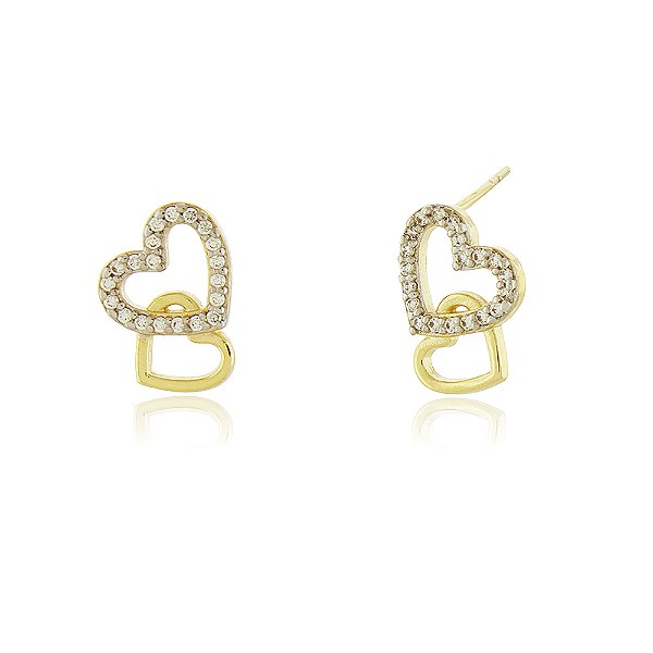 Brinco 2 corações com zircônias folheado a ouro 18k