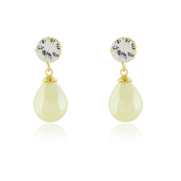 Brinco gota pérola com zircônia folheado a ouro 18k