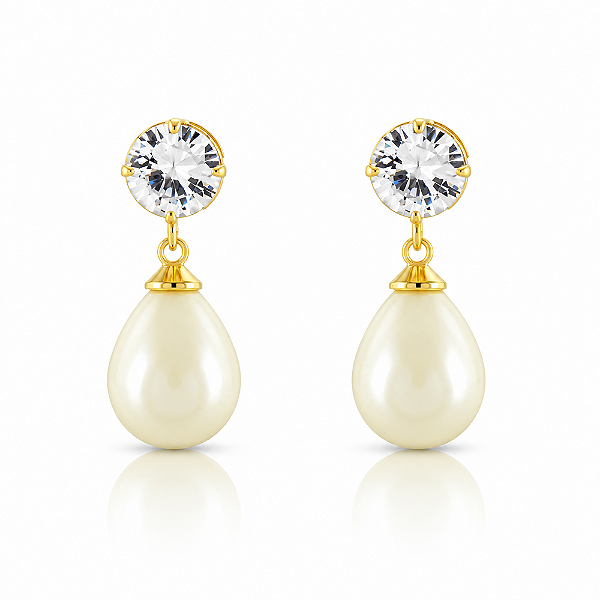 Brinco gota pérola com zircônia folheado a ouro 18k