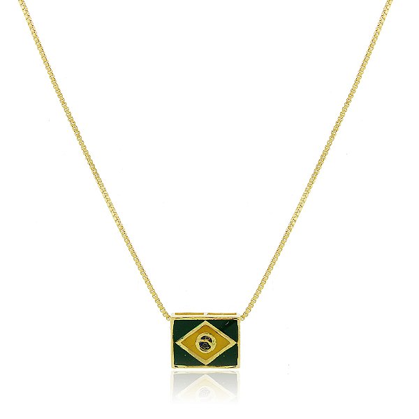 Gargantilha bandeira do Brasil folheado a ouro 18k