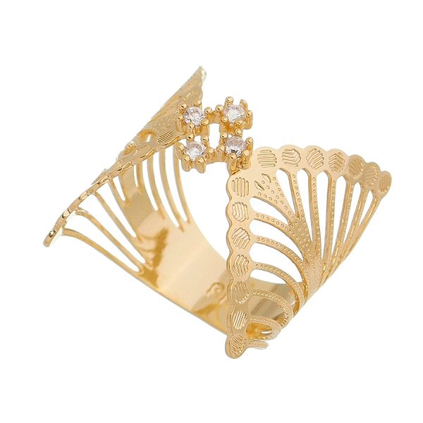 Anel largo com zircônias folheado a ouro 18k