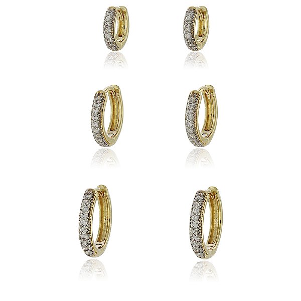 Trio de argolas com zircônias folheadao a ouro 18k