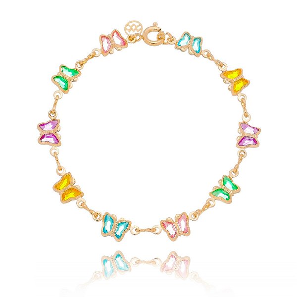 Pulseira infantil borboletas com zircônias folheada a ouro 18k 14cm