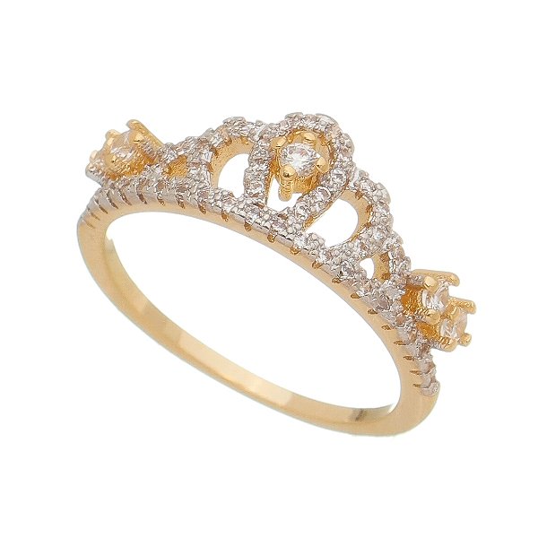 Anel coroa com zircônias folheado a ouro 18k