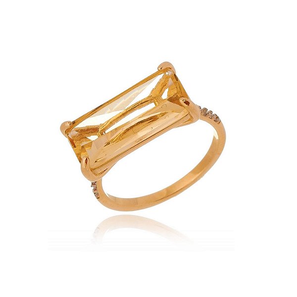 Anel pedra baguete zircônia amarela folheado a ouro 18k