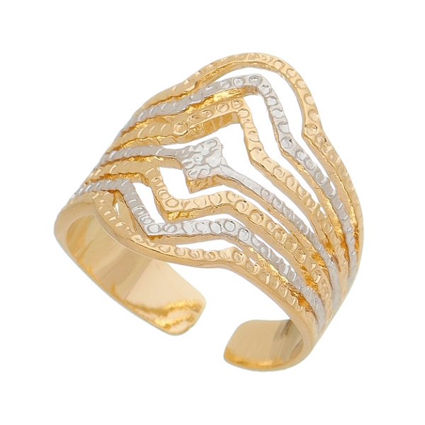 Anel largo misto trabalhado folheado a ouro 18k