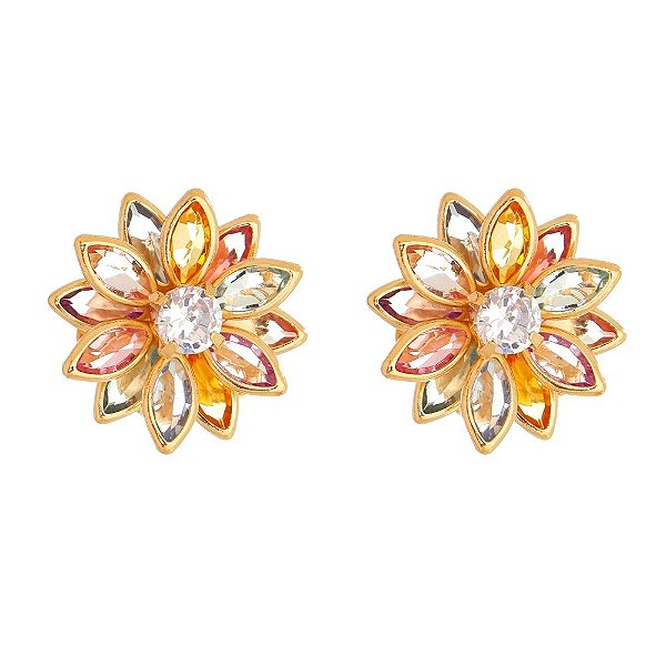 Brinco flor com zircônias coloridas folheado a ouro 18k
