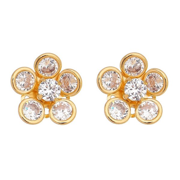 Brinco flor com zircônia folheado a ouro 18k