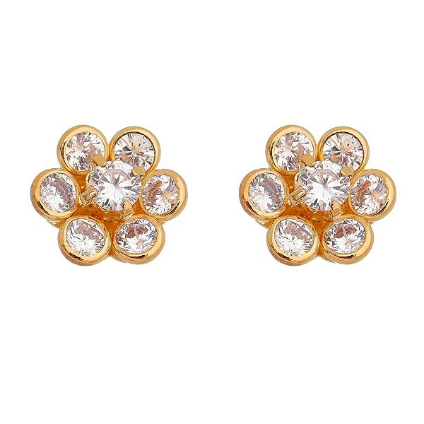 Brinco flor com zircônias folheado a ouro 18k