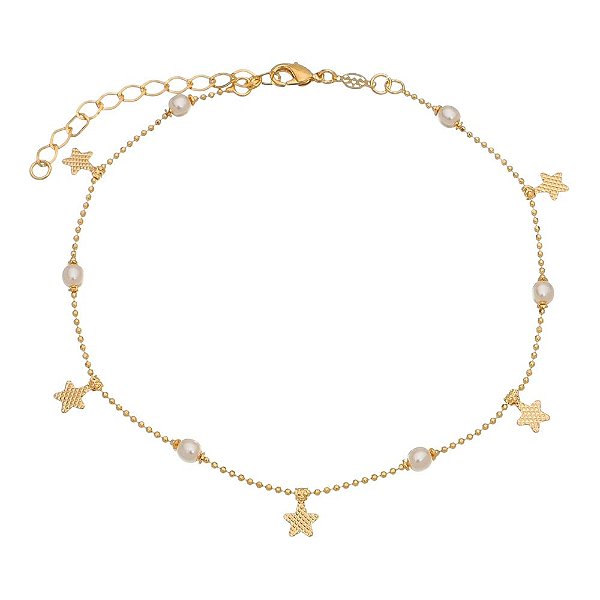 Tornozeleira pérolas e estrelas folheada a ouro 18k