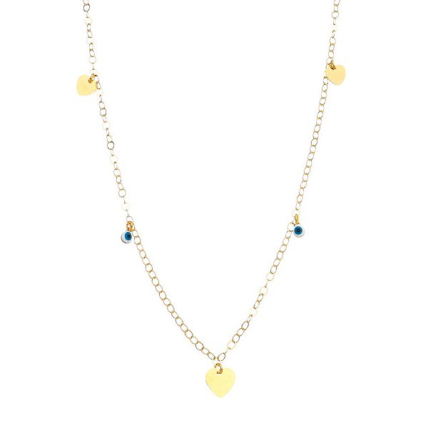 Gargantilha corações e olho grego folheada a ouro 18k 60cm
