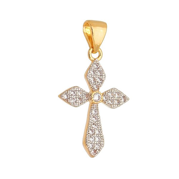 Pingente cruz com zircônias folheado a ouro 18k
