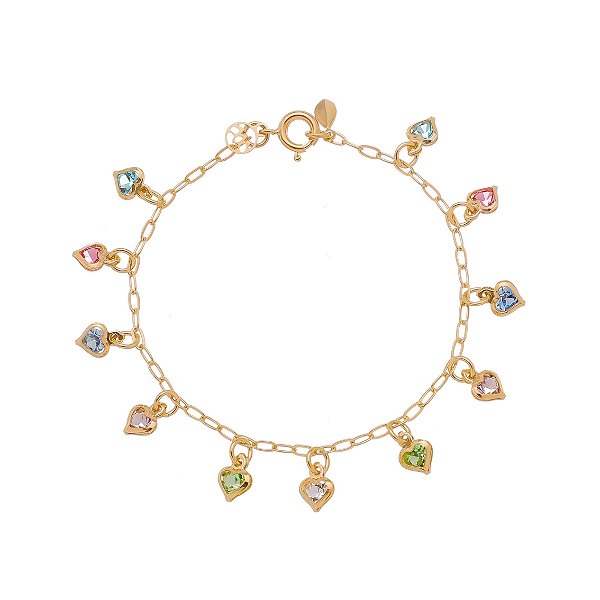 Pulseira infantil corações coloridos folheada a ouro 18k
