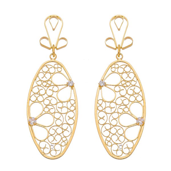 Brinco oval trabalhado folheado a ouro 18k