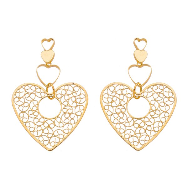 Brinco coração trabalhado folheado a ouro 18k