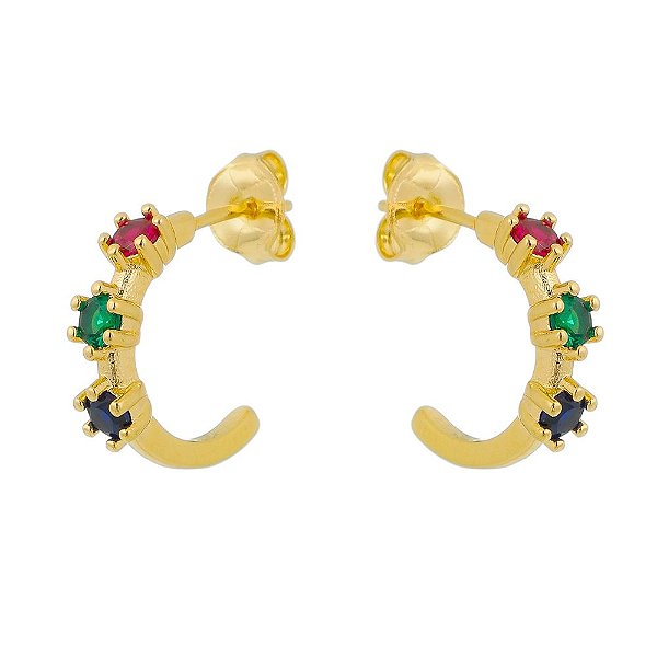 ARGOLA FOLHEADA A OURO 18K COM PEDRAS COLORIDAS