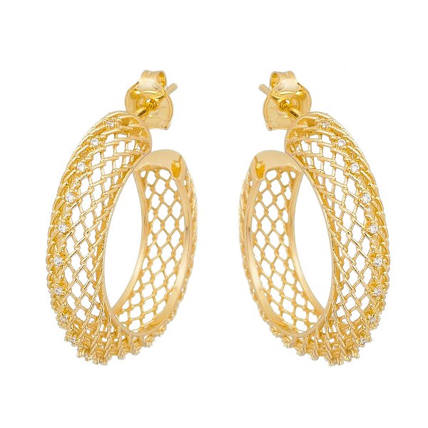 Argola tela com zircônias folheada a ouro 18k