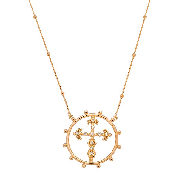 Gargantilha cruz com zircônias folheada ouro 18k
