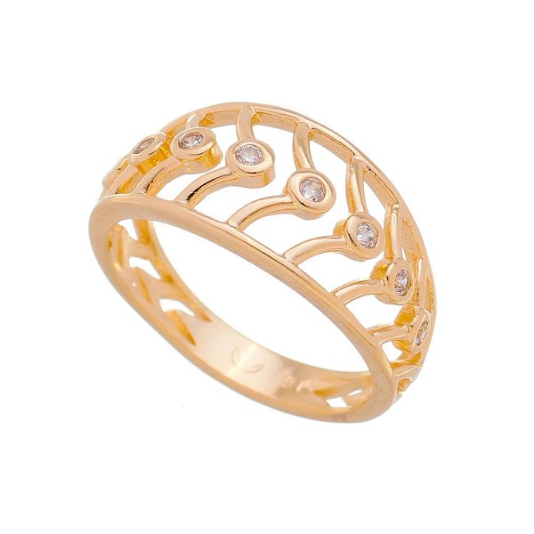 Anel vazado com zircônias folheado a ouro 18k