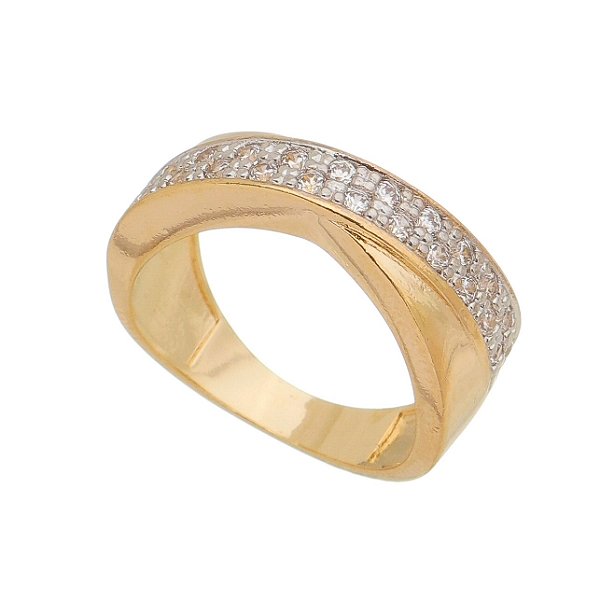 Anel largo com zircônias folheado a ouro 18k