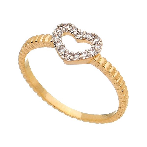 Anel coração com zircônias folheado a ouro 18k