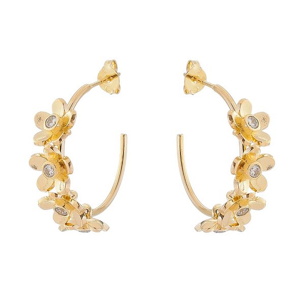 Argola flores com zircônias folheada a ouro 18k