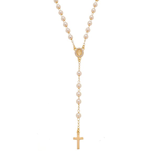 Terço com pérolas folheado a ouro 18k