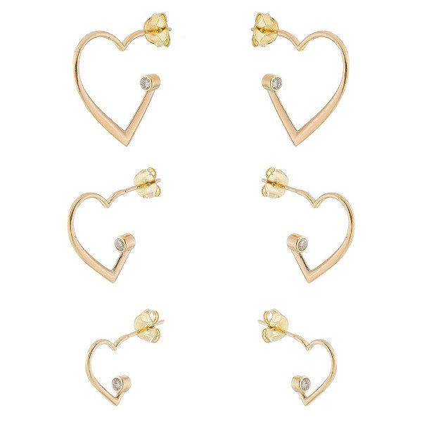 Argolas trio coração com zircônia folheado a ouro 18k