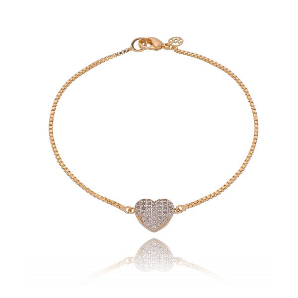 Pulseira coração cravejado com zircônias folheada a ouro 18k 18cm