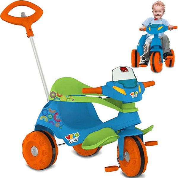 Triciclo Carrinho Passeio e Pedal Bandeirante Velobaby Azul