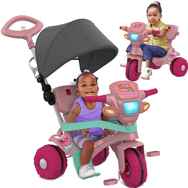 Triciclo Infantil Bandeirante Velobaby Reclinável - 2 em 1 - Pedal e  Passeio com Aro - Rosa