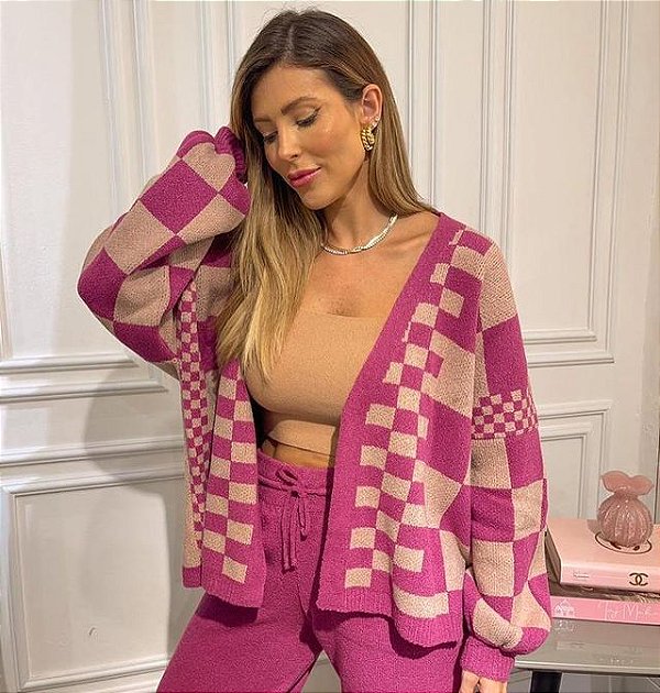 Casaco de Tricot Fúcsia Bicolor