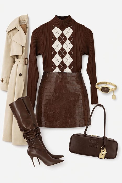 Blusa de Tricot Escocesa Marrom