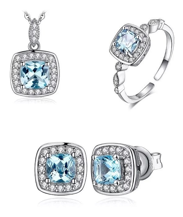 Conjunto Jóias Anel Brinco Colar Prata 925 Topázio Azul