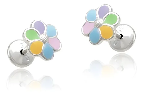 Brinco Infantil De Prata Legítima 925 Flor Resina Colorida