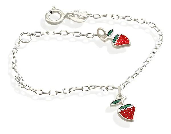 Pulseira Infantil Prata 925 Legítima Morango Bebê Crianças