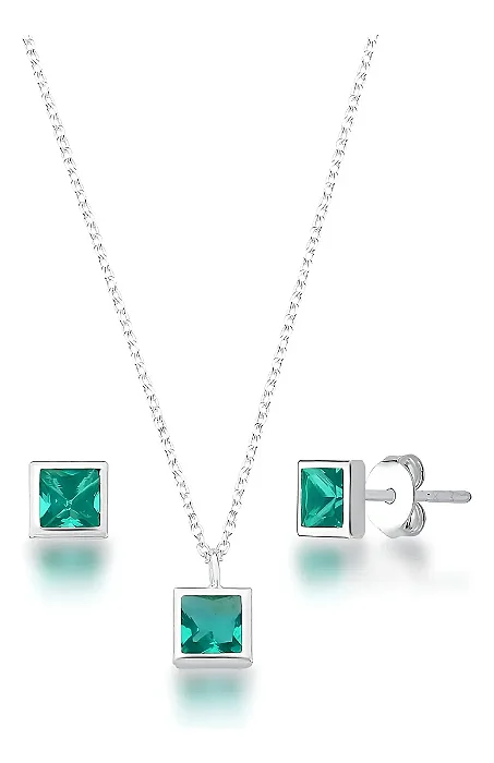 Conjunto Prata 925 Legítima Brinco Colar Turmalina Quadrado