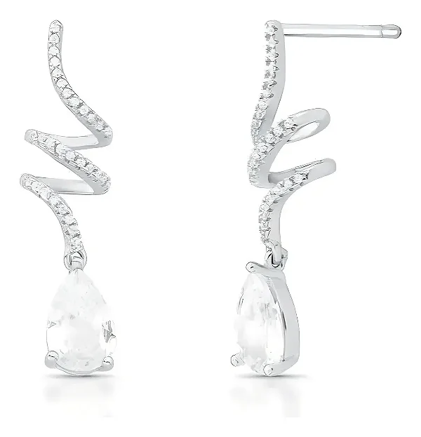 Brinco Prata 925 Rodinado Com Zircônias Gota Noivas