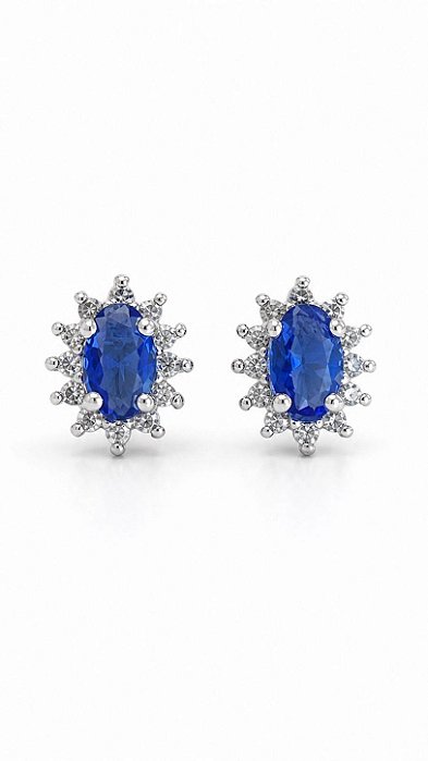 Brinco Prata 925 Esterlina Rodinada Com Cristal Azul Safira Oval