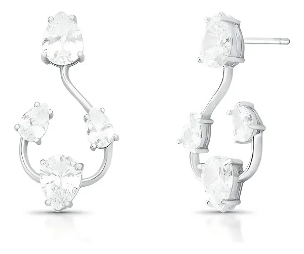 Brinco De Prata 925 Legítima Com Zircônias Gota Banho Ródio Prateado