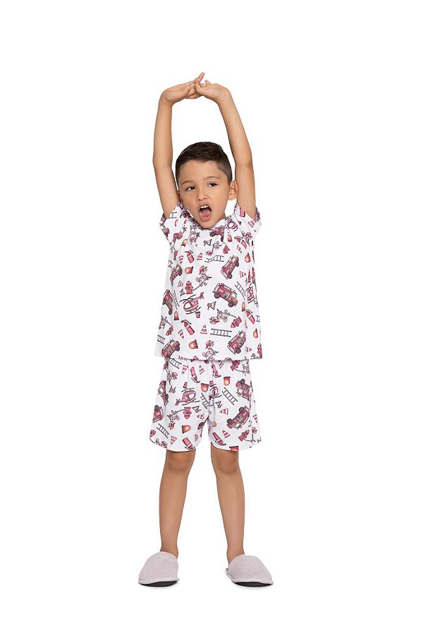 Pijama Masculino Infantil Camiseta e Bermuda Bombeiros 04 ao 10
