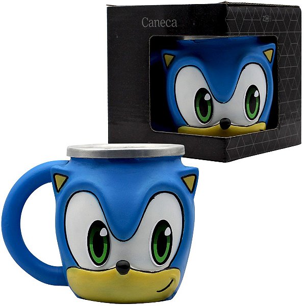 Caneca Sonic Azul 3D Resina E Aço Inox 250ml Game Jogo Sega
