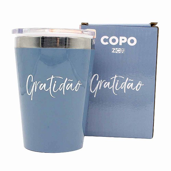 Copo Gratidão Semi-térmico Com Tampa 300ML Azul Parede Dupla