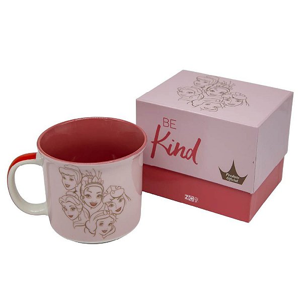 Caneca Princesas Bela Cinderela Branca De Neve Tiana E Bela Adormecida Cerâmica Rosa 350ml Oficial Disney