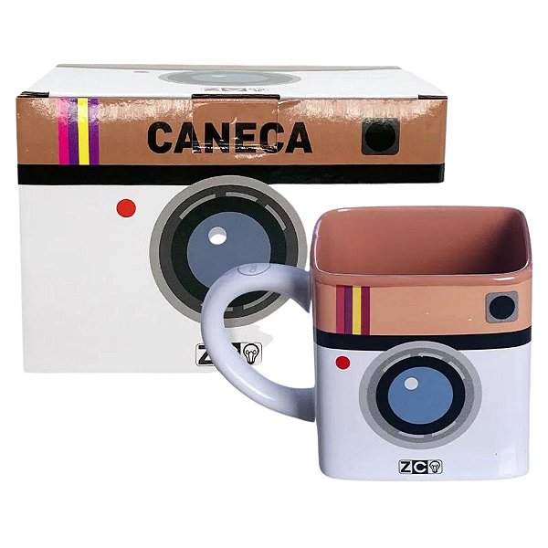 Caneca Câmera Lente Cubo 3D Quadrada Cerâmica Especial 300ML
