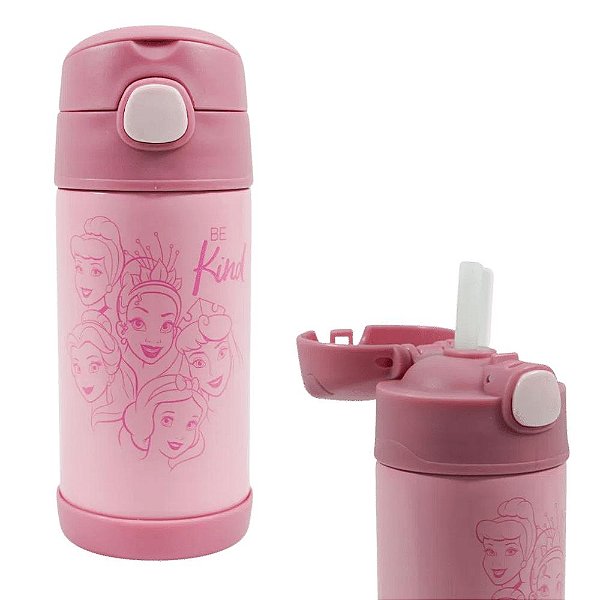 Garrafa Princesas Térmica 6 Horas Infantil Metal Com Canudo De Silicone 400ML Oficial Disney
