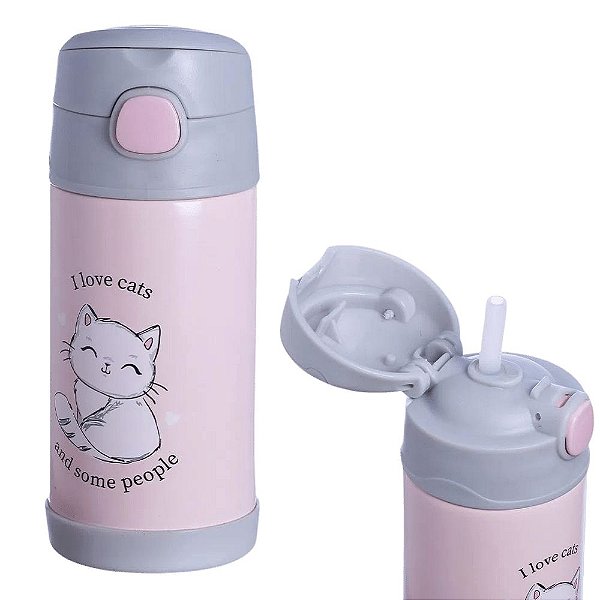 Garrafa Gata Gatinhas Térmica 6 Horas Infantil Metal Com Canudo De Silicone 400ML
