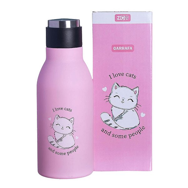 Garrafa Gata Gatinha I Love Cats 6 Horas Parede Dupla Metal Rosa 400ML